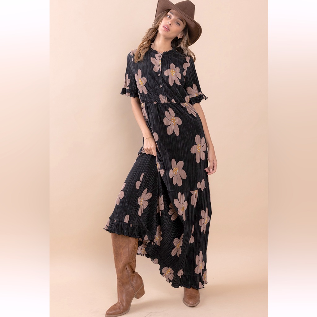 Floral Print Pleated Maxi Dress